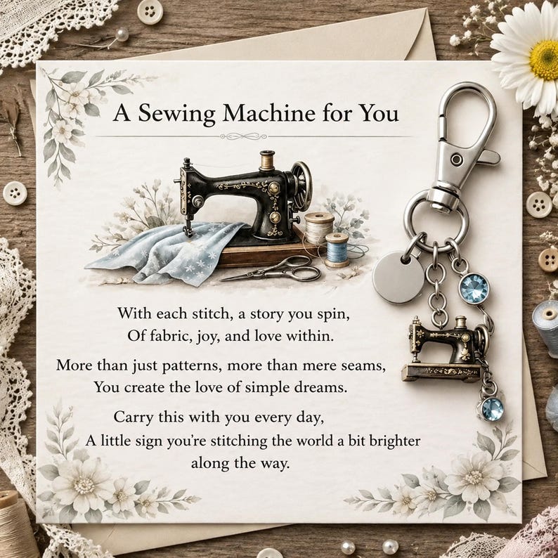Emotional Support Sewing Machine Keychain, with a Vintage Style Charm featuring a birthstone and an Inspirational Poem Card for Crafters.