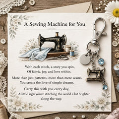 Emotional Support Sewing Machine Keychain, with a Vintage Style Charm featuring a birthstone and an Inspirational Poem Card for Crafters.