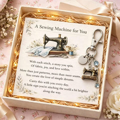Emotional Support Sewing Machine Keychain, with a Vintage Style Charm featuring a birthstone and an Inspirational Poem Card for Crafters.