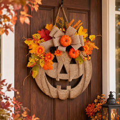 Jack O Lantern Wreath, Rustic Autumn Door Decor, Fall Harvest Decoration