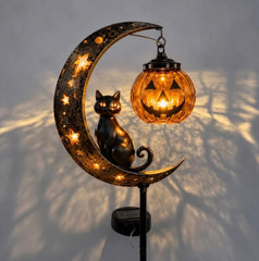 Solar Metal Black Cat Moon Garden Stake Light | Halloween Pumpkin Lantern Outdoor Yard Decor