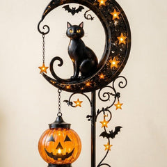 Solar Metal Black Cat Moon Garden Stake Light | Halloween Pumpkin Lantern Outdoor Yard Decor