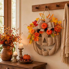 Jack O Lantern Wreath, Rustic Autumn Door Decor, Fall Harvest Decoration