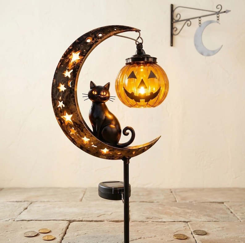 Solar Metal Black Cat Moon Garden Stake Light | Halloween Pumpkin Lantern Outdoor Yard Decor