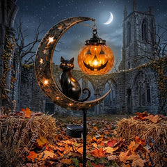 Solar Metal Black Cat Moon Garden Stake Light | Halloween Pumpkin Lantern Outdoor Yard Decor