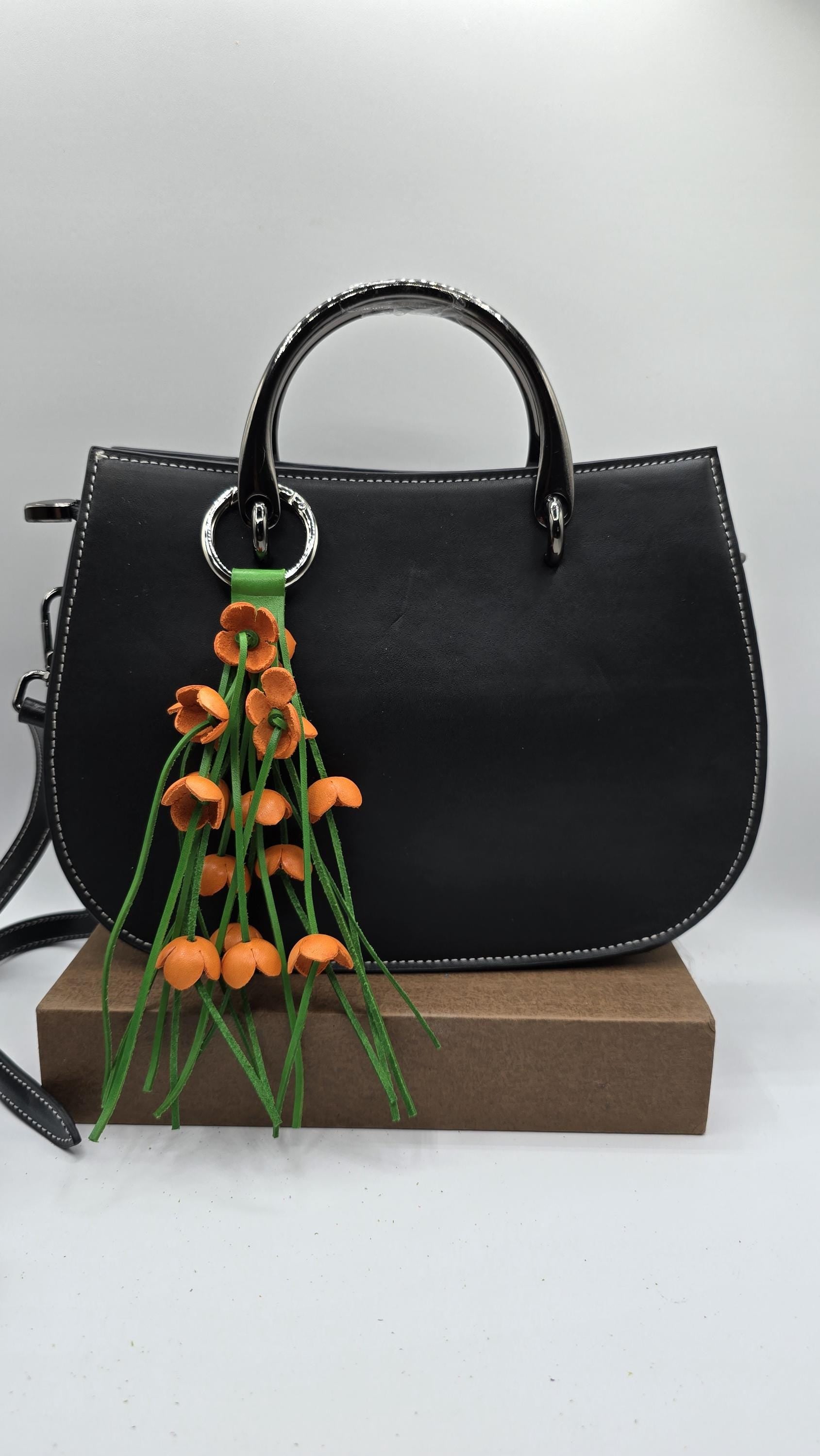 Genuine Handmade Leather Flower Keychain purse charm bag charm