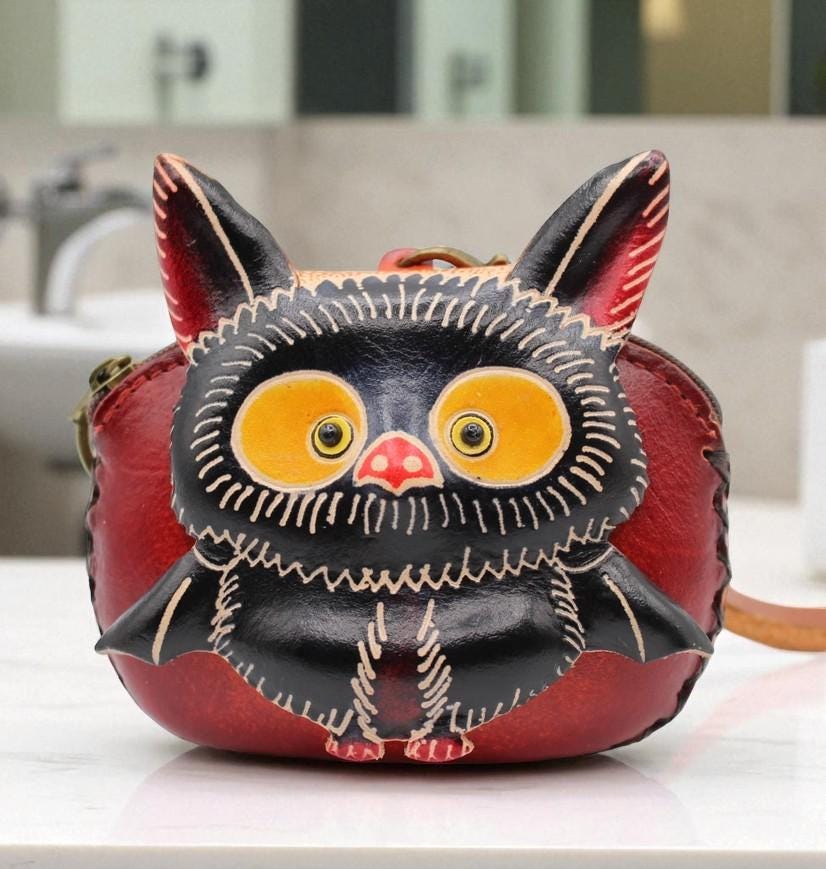 Genuine Handmade Leather baby bat Wristlet / Coin Purse / Wallet /change purse