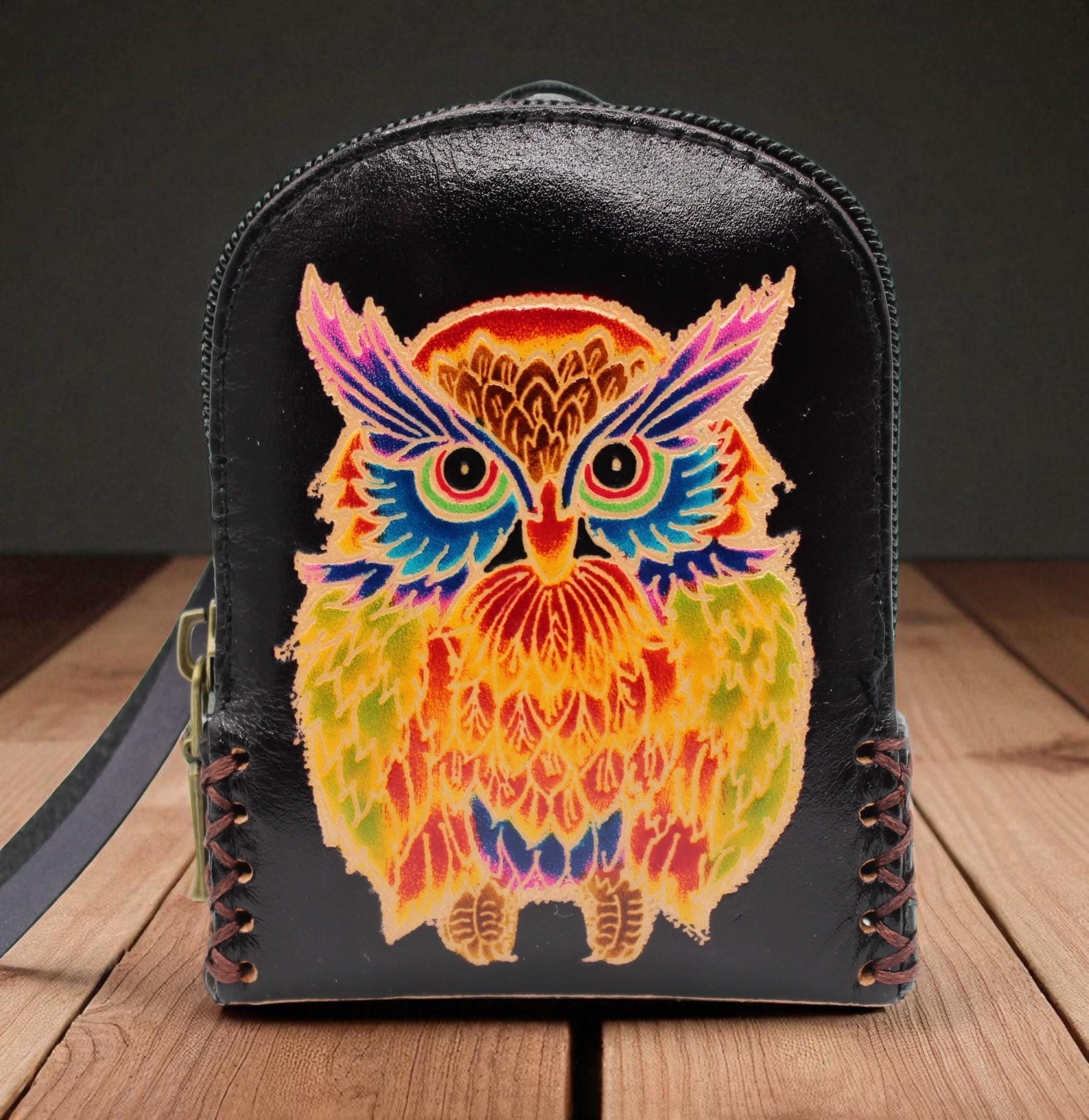 Genuine Handmade Leather owl Wristlet mini backpack/ Coin Purse / Wallet /change purse