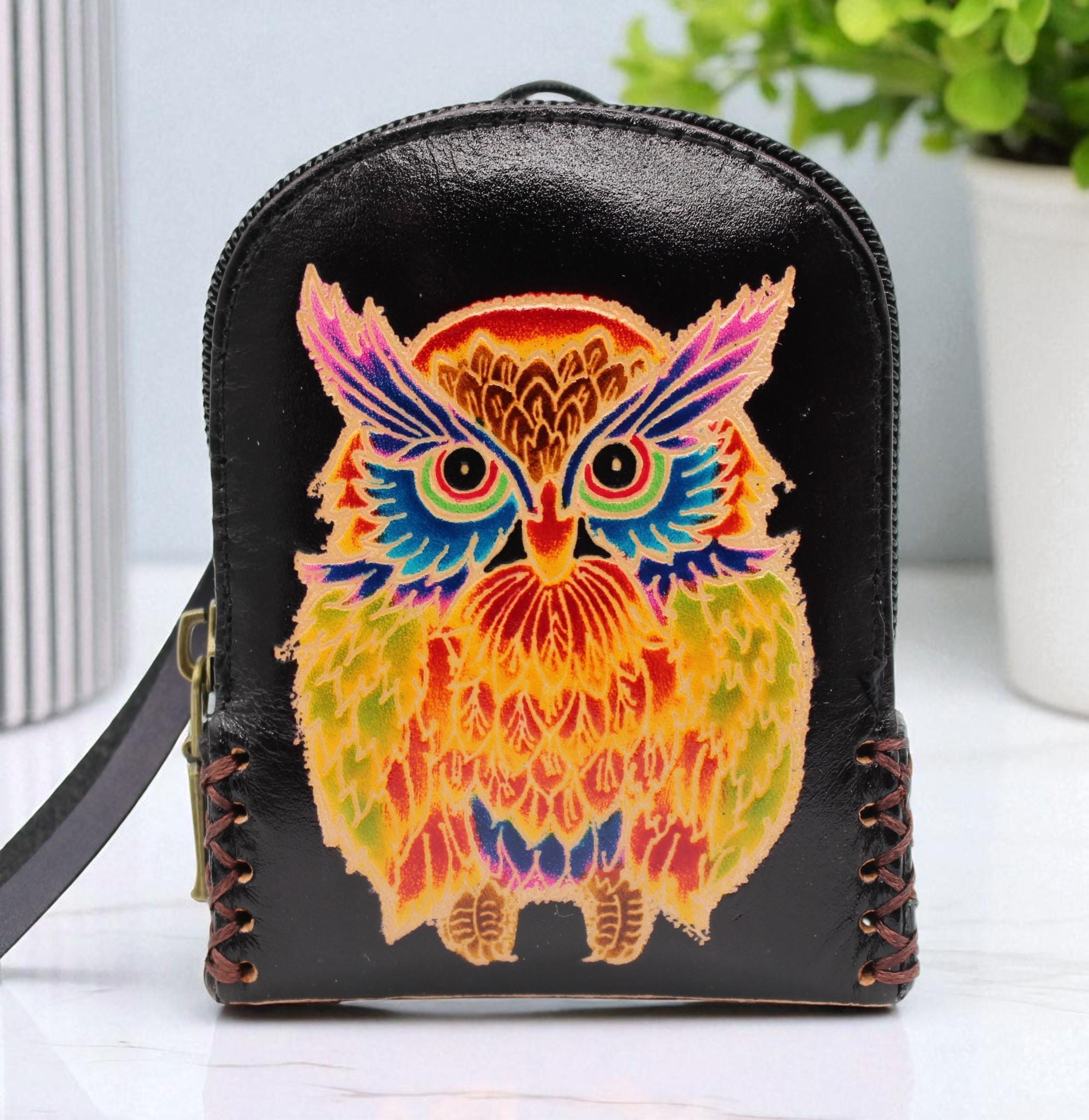 Genuine Handmade Leather owl Wristlet mini backpack/ Coin Purse / Wallet /change purse