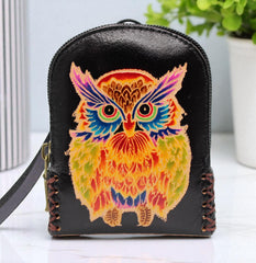 Genuine Handmade Leather owl Wristlet mini backpack/ Coin Purse / Wallet /change purse