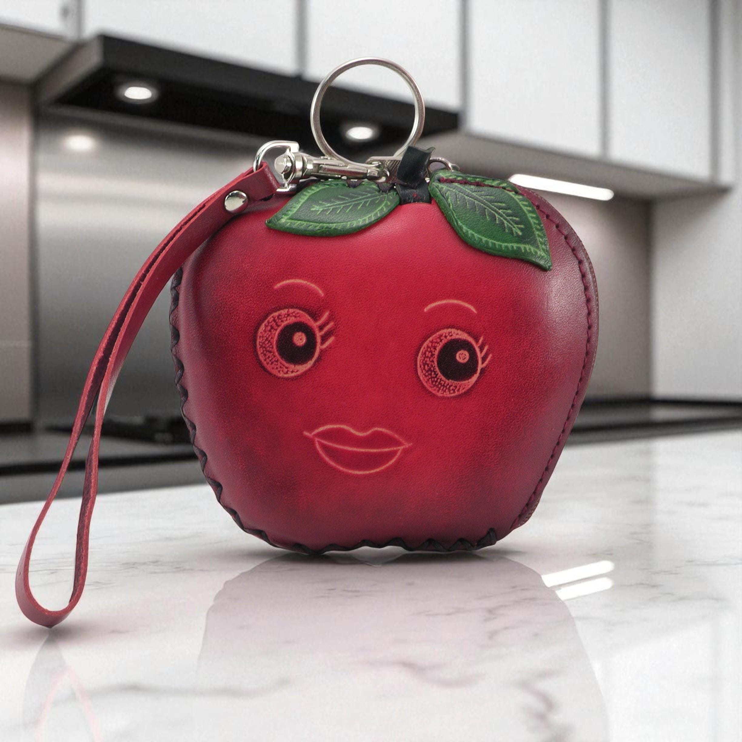 Genuine Handmade Leather Apple-shaped Coin Purse,  Wallet , Wristlet ,Smile Face Coin Pouch, Fruit-themed Coin Wallet