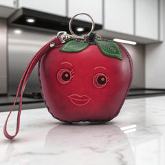 Genuine Handmade Leather Apple-shaped Coin Purse,  Wallet , Wristlet ,Smile Face Coin Pouch, Fruit-themed Coin Wallet