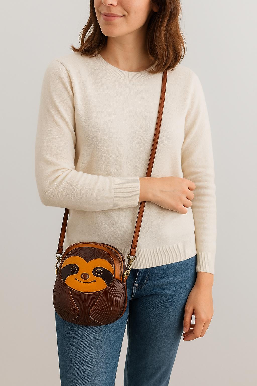 Handmade Genuine Leather Sloth Purse - Crossbody Bag, Phone Bag, Animal Bag, Cartoon Bag, Mini Bag